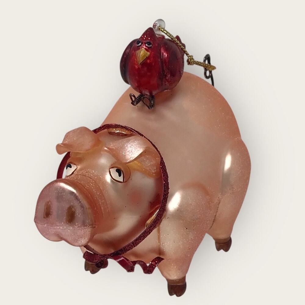 Holiday Pig & Cardinal Christmas Glass Ornament Red & White Accents